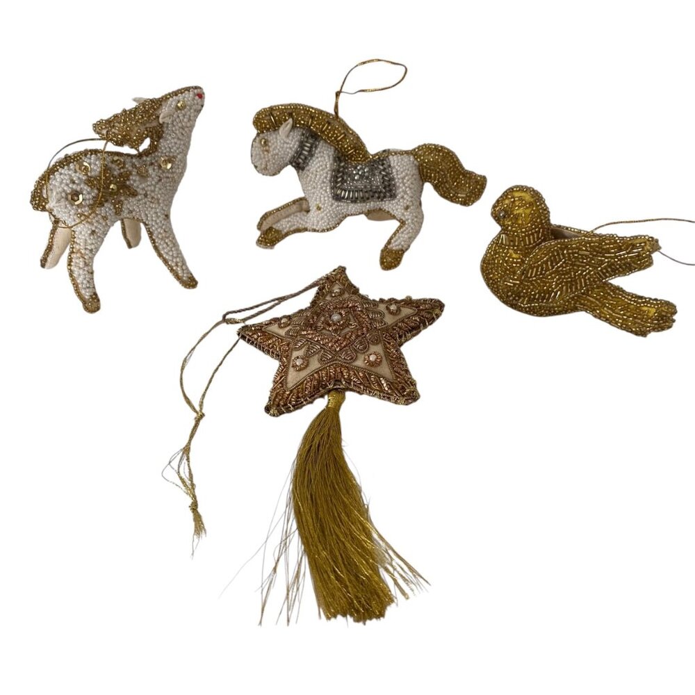 Set 4 Handcrafted Beaded Gold Holiday‎ Ornaments Christmas Deer Bird Horse Star